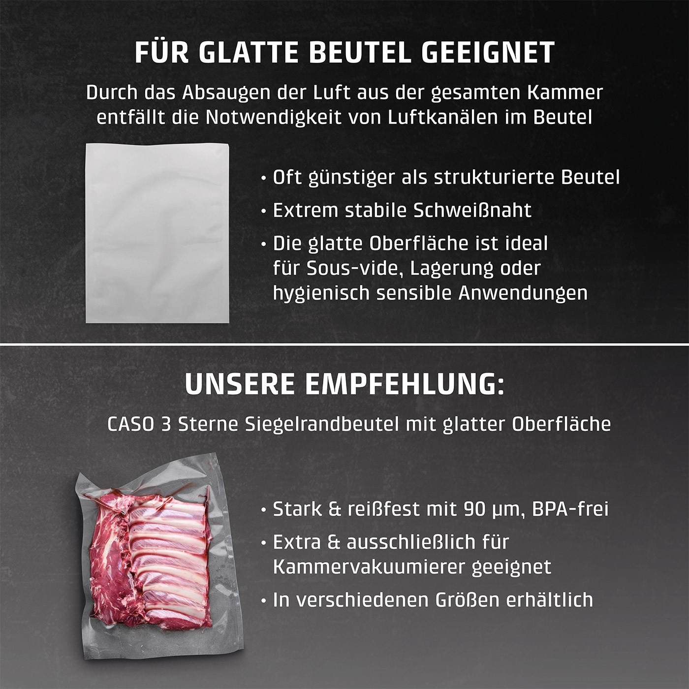 Produktwerbung für glatte Beutel, ideal für Sous-vide und Lagerung, mit Empfehlung.