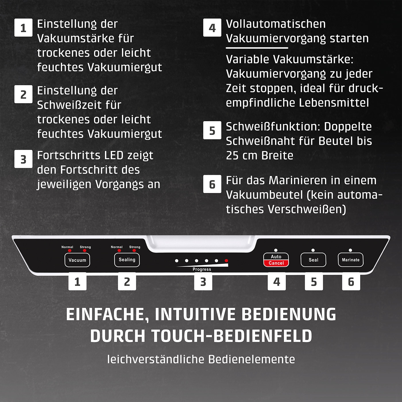 Vakuumiergerät mit Funktionen: Vakuumstärke, Schweißzeit, Fortschritt, Start, Stopp, Marinieren.