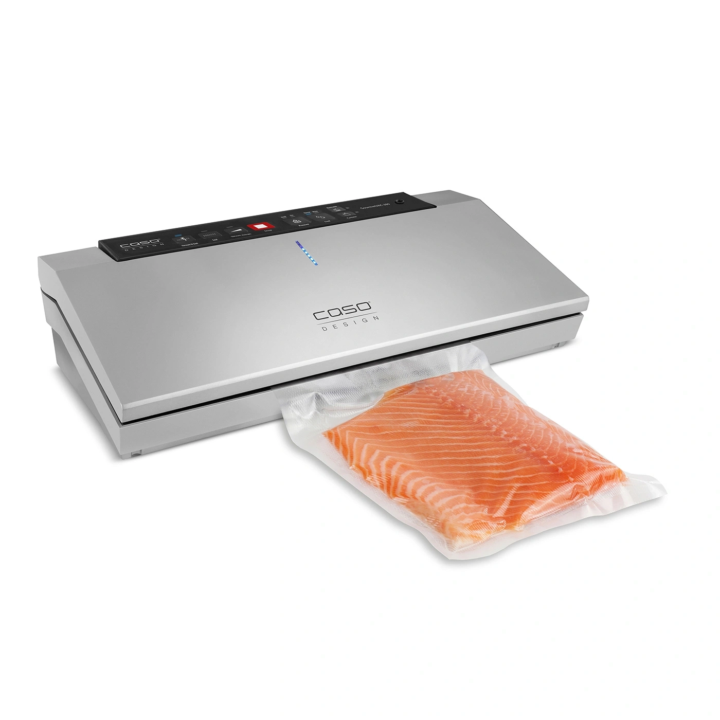 Vakuumiergerät mit Lachs in einer Vakuumverpackung, silbernes Design, Caso Design