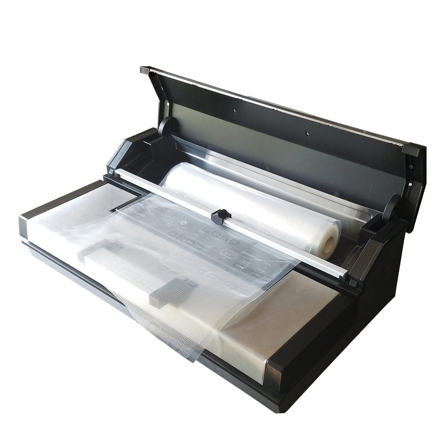 Vakuumiergerät, offen, mit Folienrolle und Folienbeutel, bereit zum Verpacken