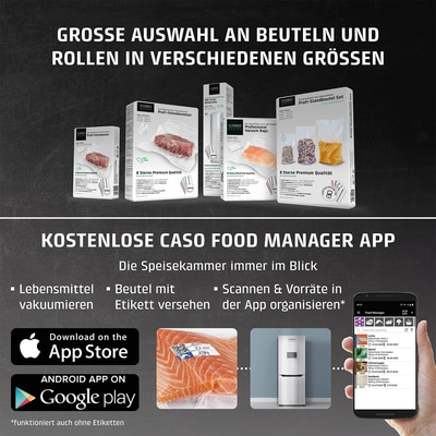 Caso Food Manager App: Vakuumbeutel, Rollen, Lebensmittel, App, Scannen, Etikett, Google Play, App Store