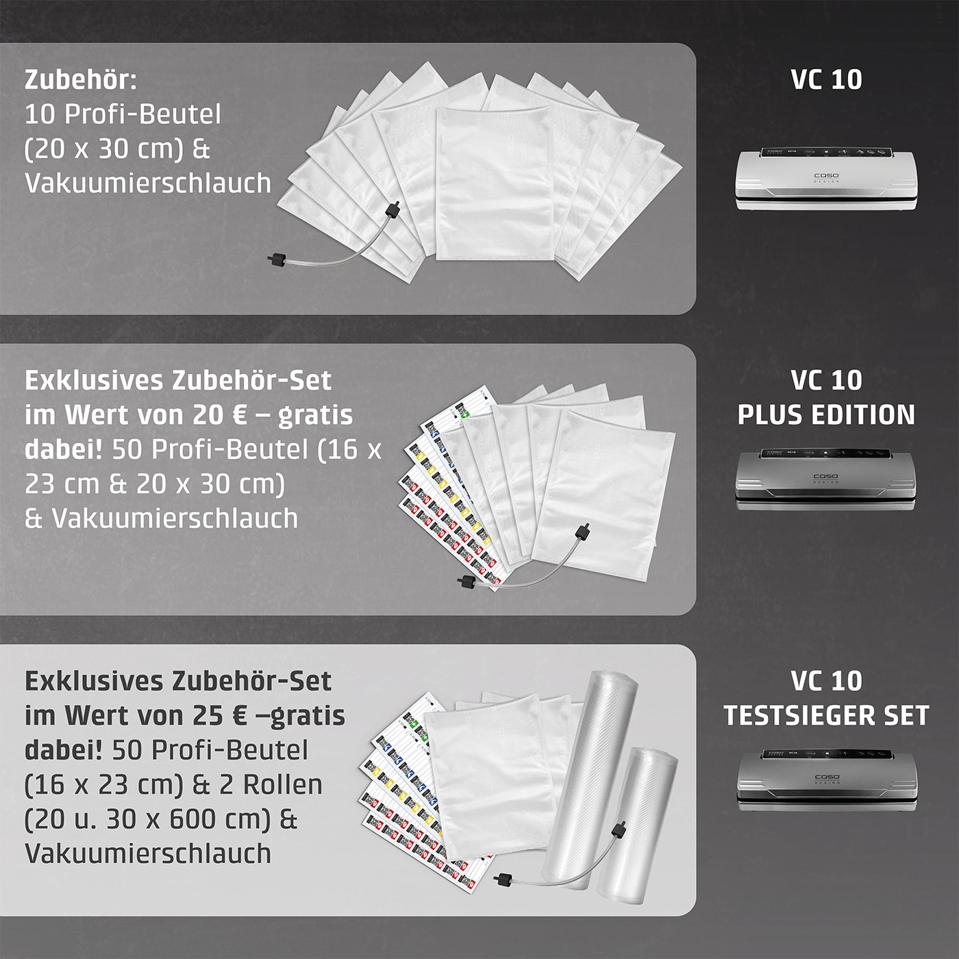 Vakuumierer-Zubehör-Sets: VC 10, VC 10 Plus Edition, VC 10 Testsieger Set mit Beuteln und Schläuchen.