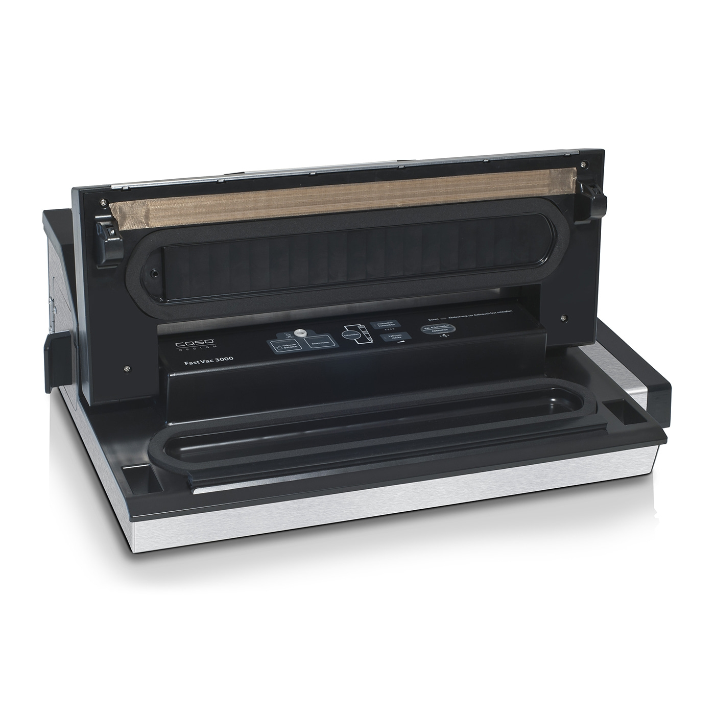 Vakuumiergerät Caso Design FastVac 3000, schwarz, silber, geöffnet, Detailaufnahme