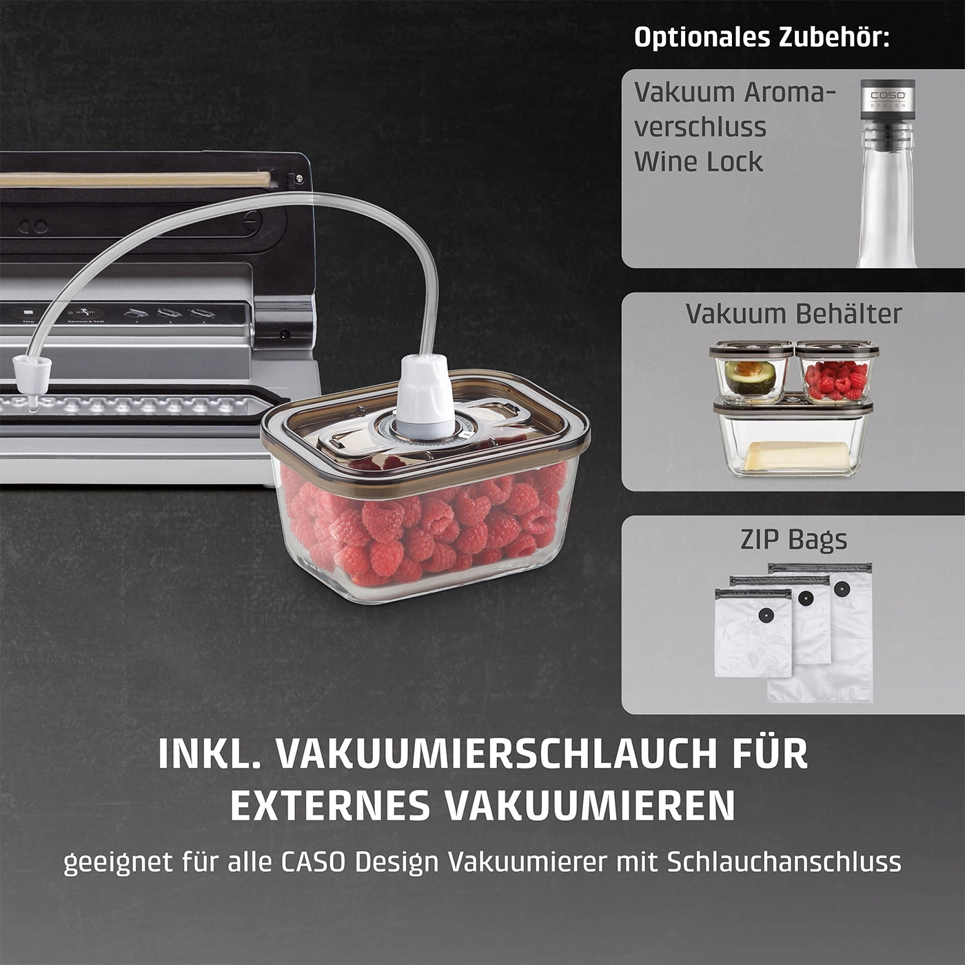 Vakuumiergerät mit Zubehör: Vakuumbehälter, Zip-Beutel, Weinflaschenverschluss.