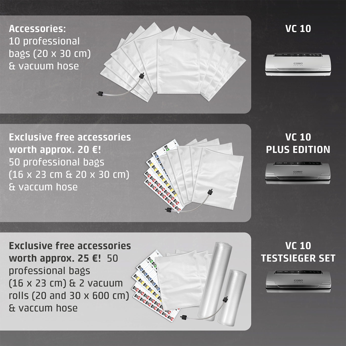 Vakuumierer-Zubehör-Sets: VC 10, VC 10 Plus Edition, VC 10 Testsieger Set mit Beuteln und Schläuchen.