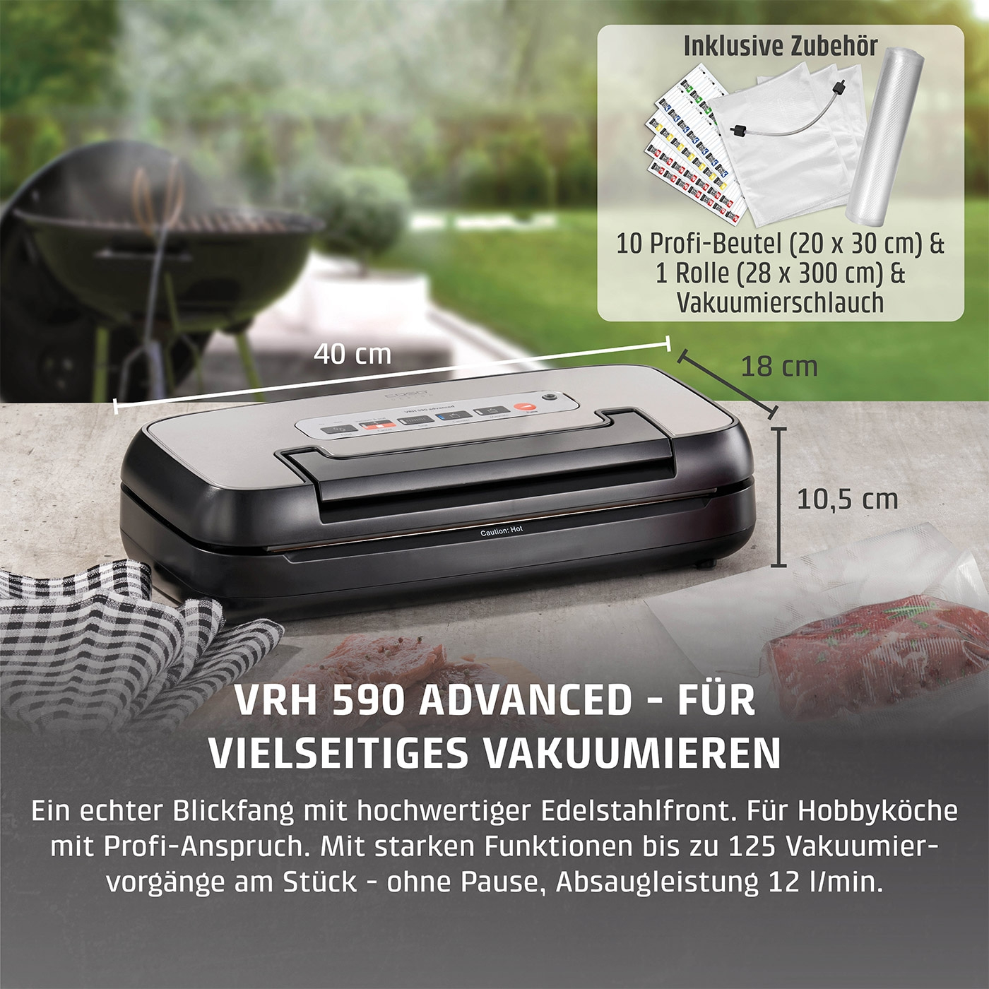 Vakuumiergerät mit Zubehör, Abmessungen, Text, Edelstahlfront, Hobbyköche, Vakuumieren, 12 l/min