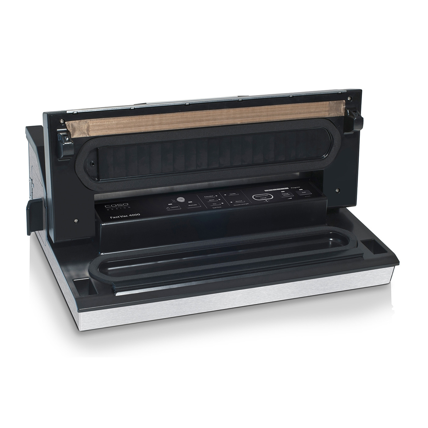 Caso Design FastVac 4000 Vakuumierer, schwarz, silber, geöffnet, Detailaufnahme