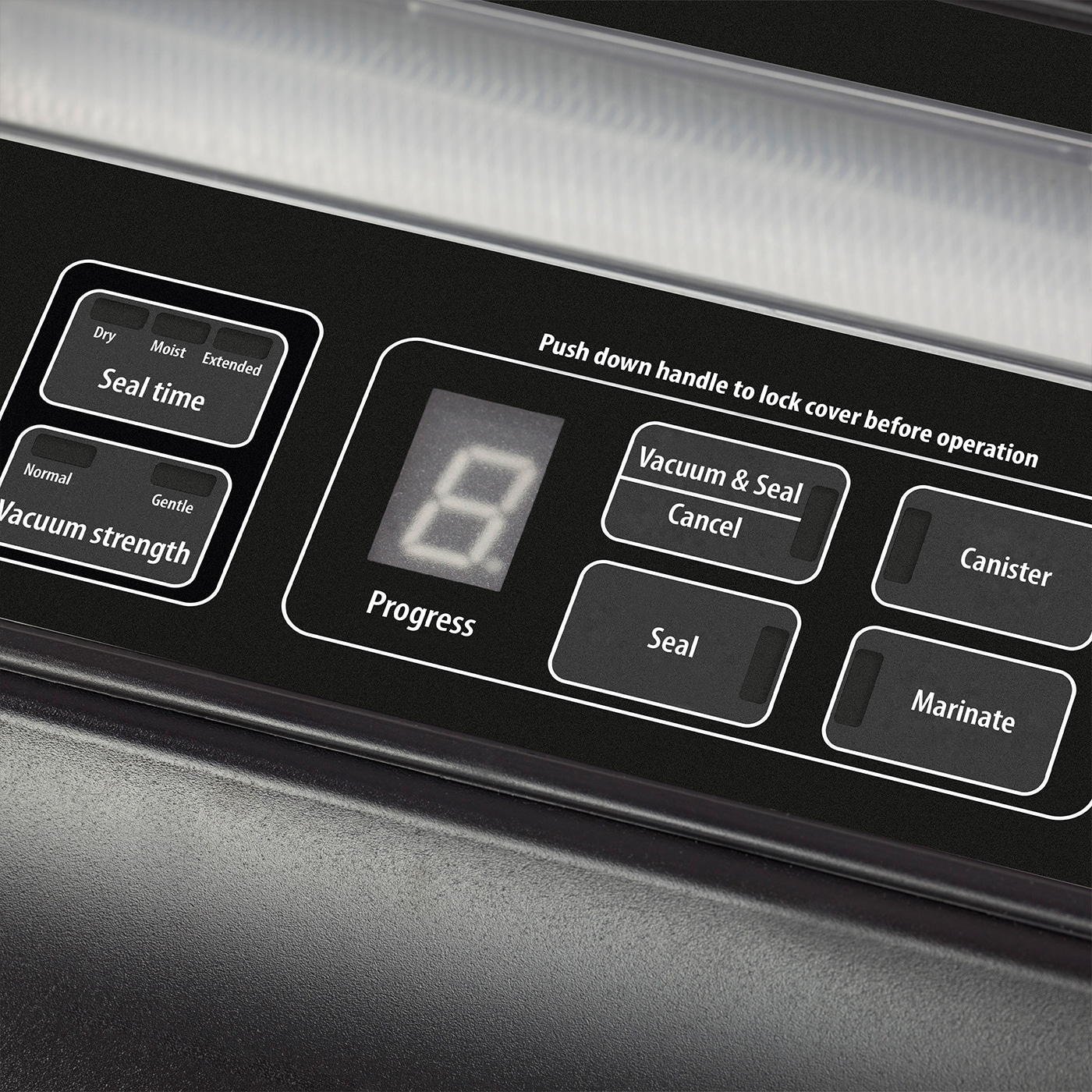 Vakuumiergerät mit Knöpfen für verschiedene Funktionen und Einstellungen, darunter Vakuum und Versiegelung.