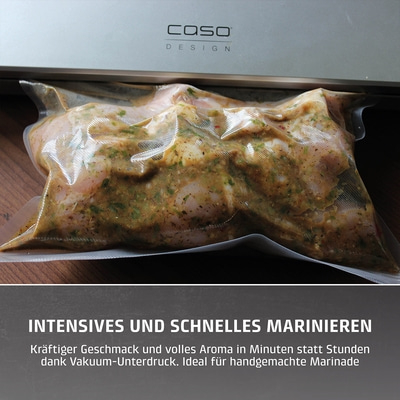 Mariniertes Fleisch in Vakuumbeutel, Text: Intensives Marinieren, Aroma in Minuten