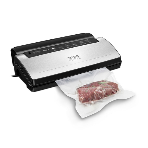 Vakuumiergerät mit Fleisch in einer Plastiktüte, bereit zum Vakuumieren.