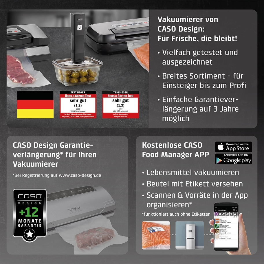 Vakuumierer von Caso Design, Lebensmittel, App, Garantie, Test, Design, Frische, Etikett, Google Play, App Store