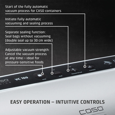 Vakuumiergerät mit Funktionen: Start, Vakuum, Schweißen, Stopp, Behälter, einfach zu bedienen.