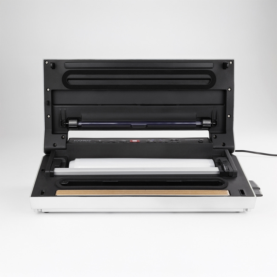 Vakuumiergerät, geöffnet, mit schwarzem Deckel und weißem Gehäuse, Detailaufnahme