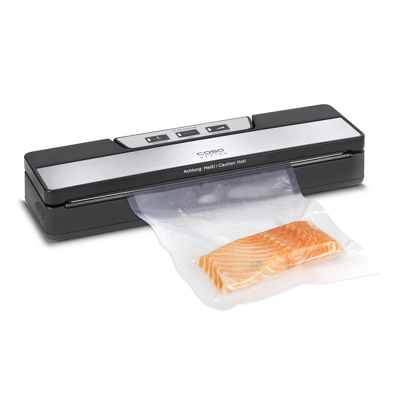 Vakuumiergerät mit Lachs in einer Tüte, bereit zum Vakuumieren.