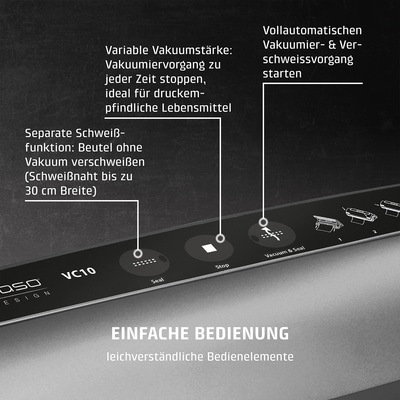 Vakuumiergerät mit Funktionen: Vakuum, Schweißen, Stopp, einfache Bedienung.