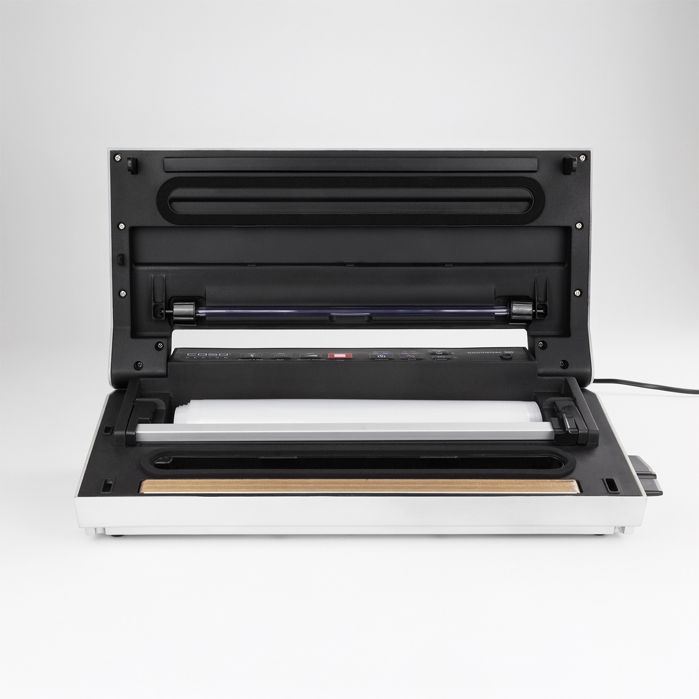 Vakuumiergerät, geöffnet, mit schwarzem Deckel und weißem Gehäuse, Detailaufnahme