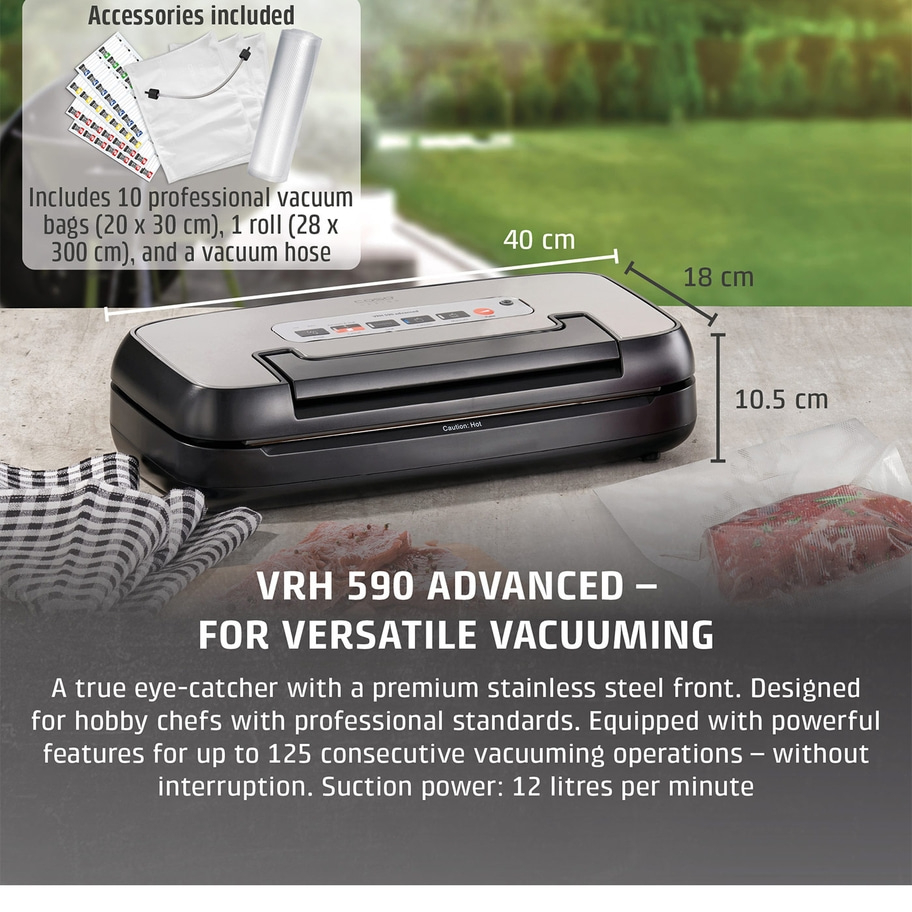 Vakuumiergerät mit Zubehör, Abmessungen, Text, Edelstahlfront, Hobbyköche, Vakuumieren, 12 l/min