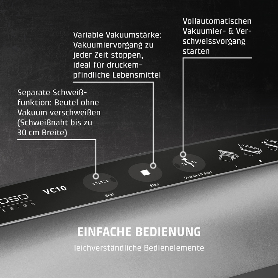 Vakuumiergerät mit Funktionen: Vakuum, Schweißen, Stopp, einfache Bedienung.