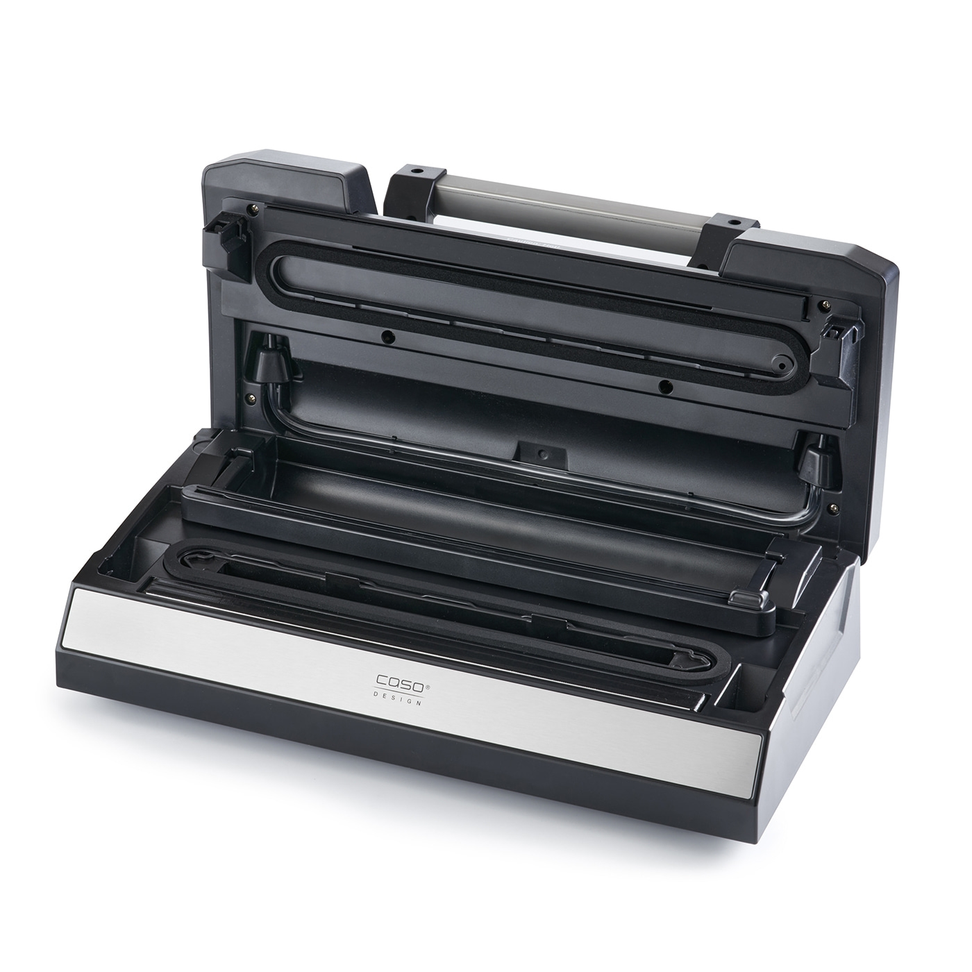 Vakuumiergerät, geöffnet, schwarz und silber, Caso Design, Nahaufnahme