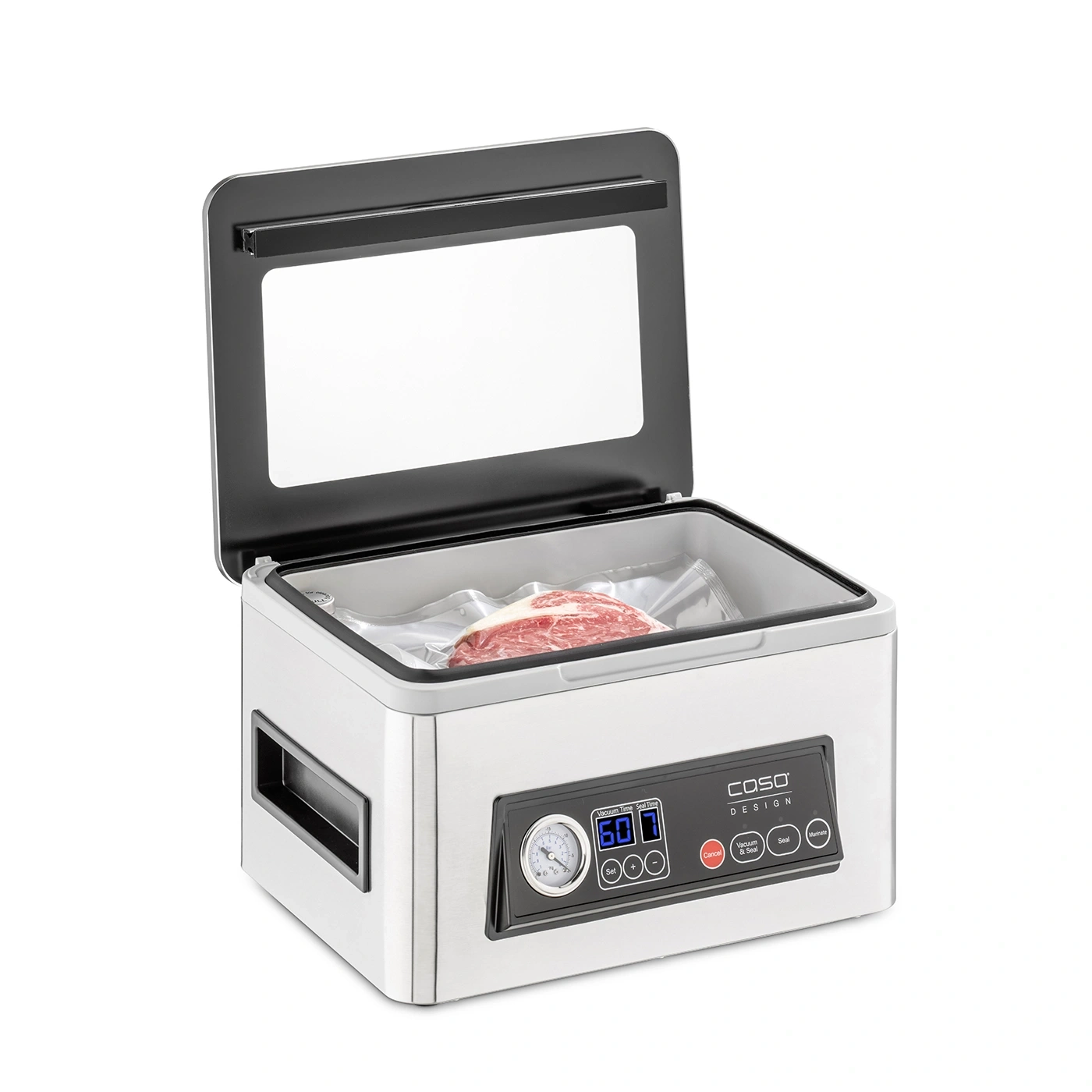 Vakuumiergerät mit Fleisch. Edelstahl, Bedienfeld, Vakuumieren, Versiegeln, Marinieren, Caso Design.