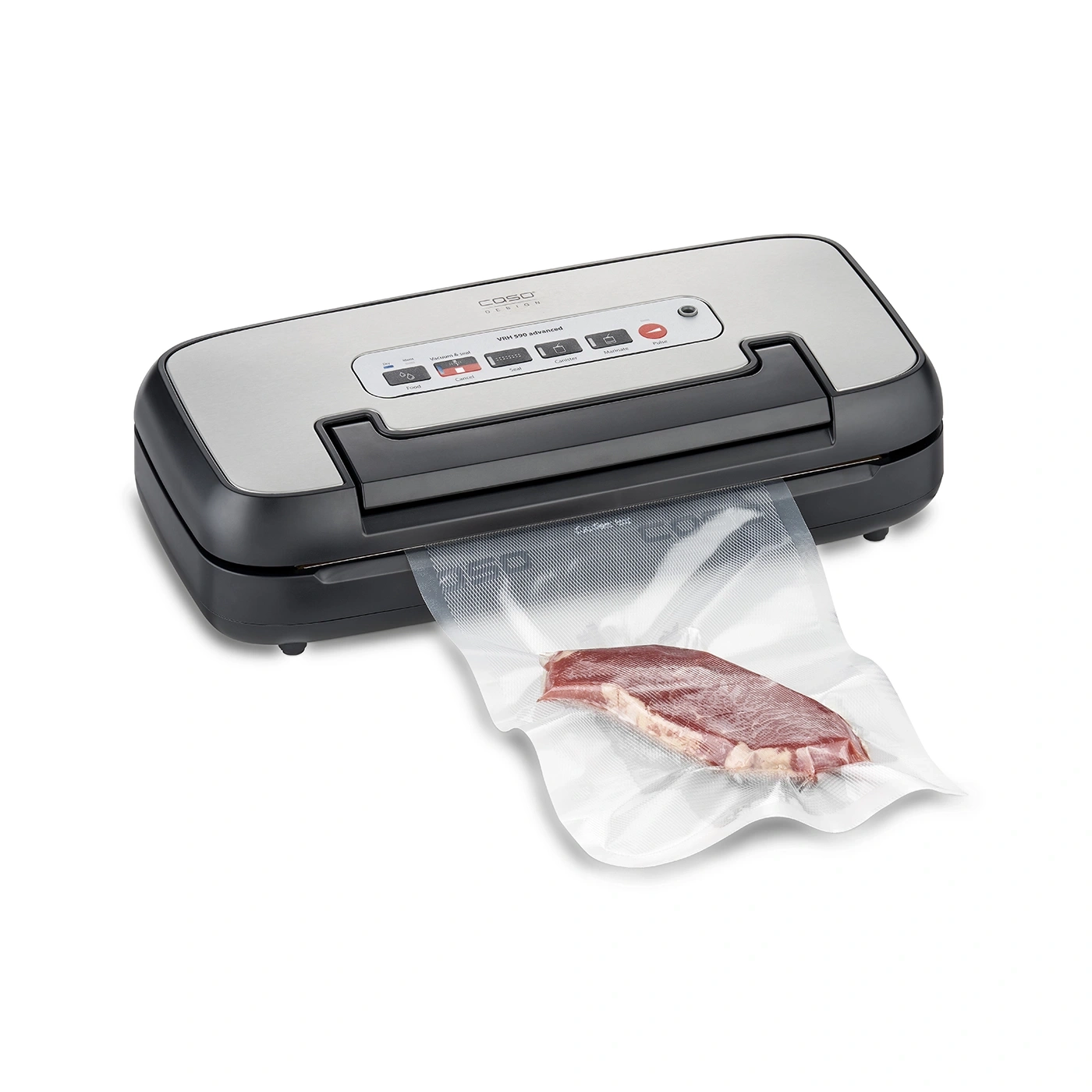 Vakuumiergerät mit Fleisch in einer Tüte, bereit zum Vakuumieren.