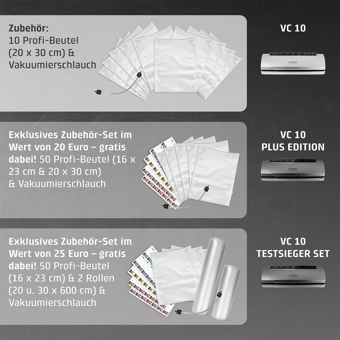 Vakuumierer-Zubehör-Sets: VC 10, Plus Edition, Testsieger Set mit Beuteln und Schläuchen