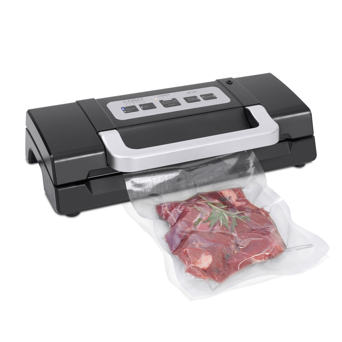 Vakuumiergerät mit Fleisch in einer Tüte. Schwarz und silber. Caso Design.