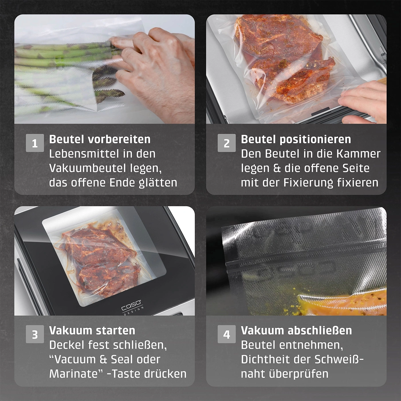 Vakuumierprozess: Lebensmittel in Beutel, Positionieren, Starten, Abschließen. Schritt-für-Schritt-Anleitung.