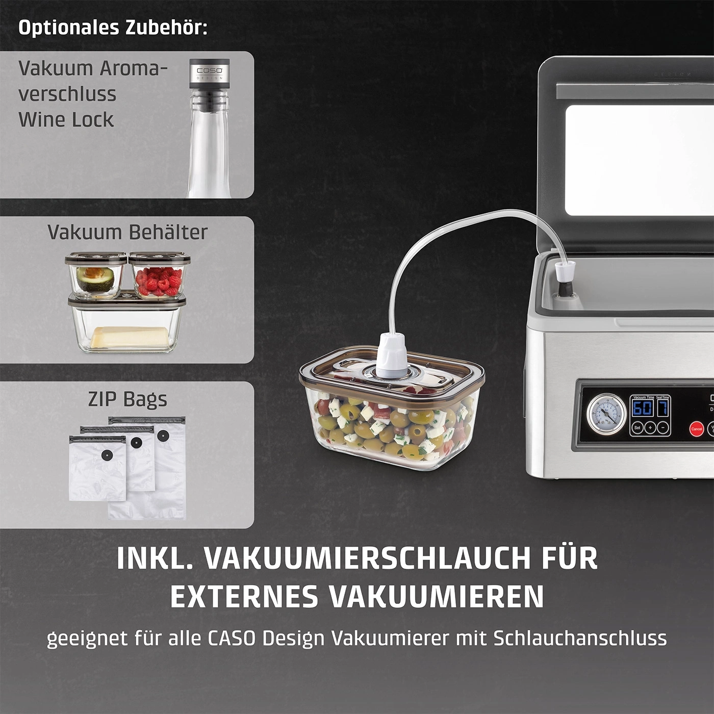 Vakuumierer mit Zubehör: Vakuumbehälter, Zip-Beutel, Weinflaschenverschluss.
