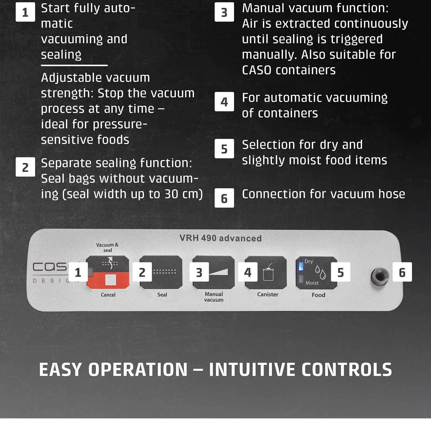 Vakuumiergerät mit Funktionen: Vakuum, Versiegelung, manuell, Behälter, trocken/feucht.