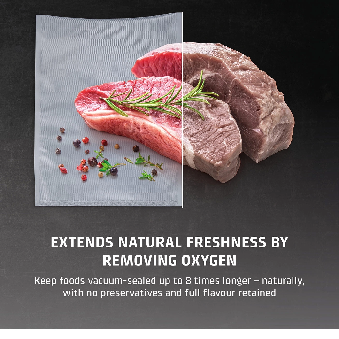 Fleisch in Vakuumverpackung, bis zu 8x länger frisch, ohne Konservierungsstoffe.