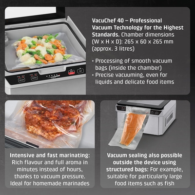 Vakuumiergerät mit Gemüse, Fleisch und Fisch. Professionelle Vakuumtechnik für Lebensmittel.