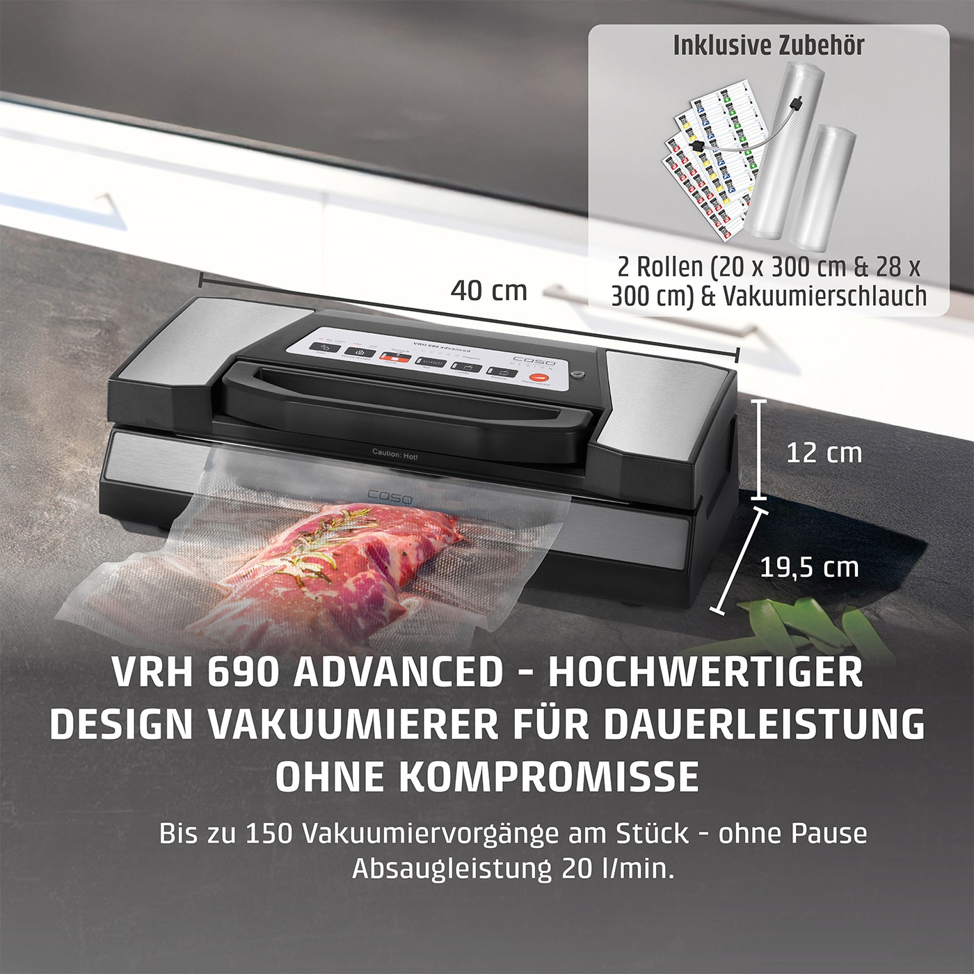 Vakuumierer mit Zubehör, Abmessungen und Text. Hochwertiges Design für Dauerleistung.