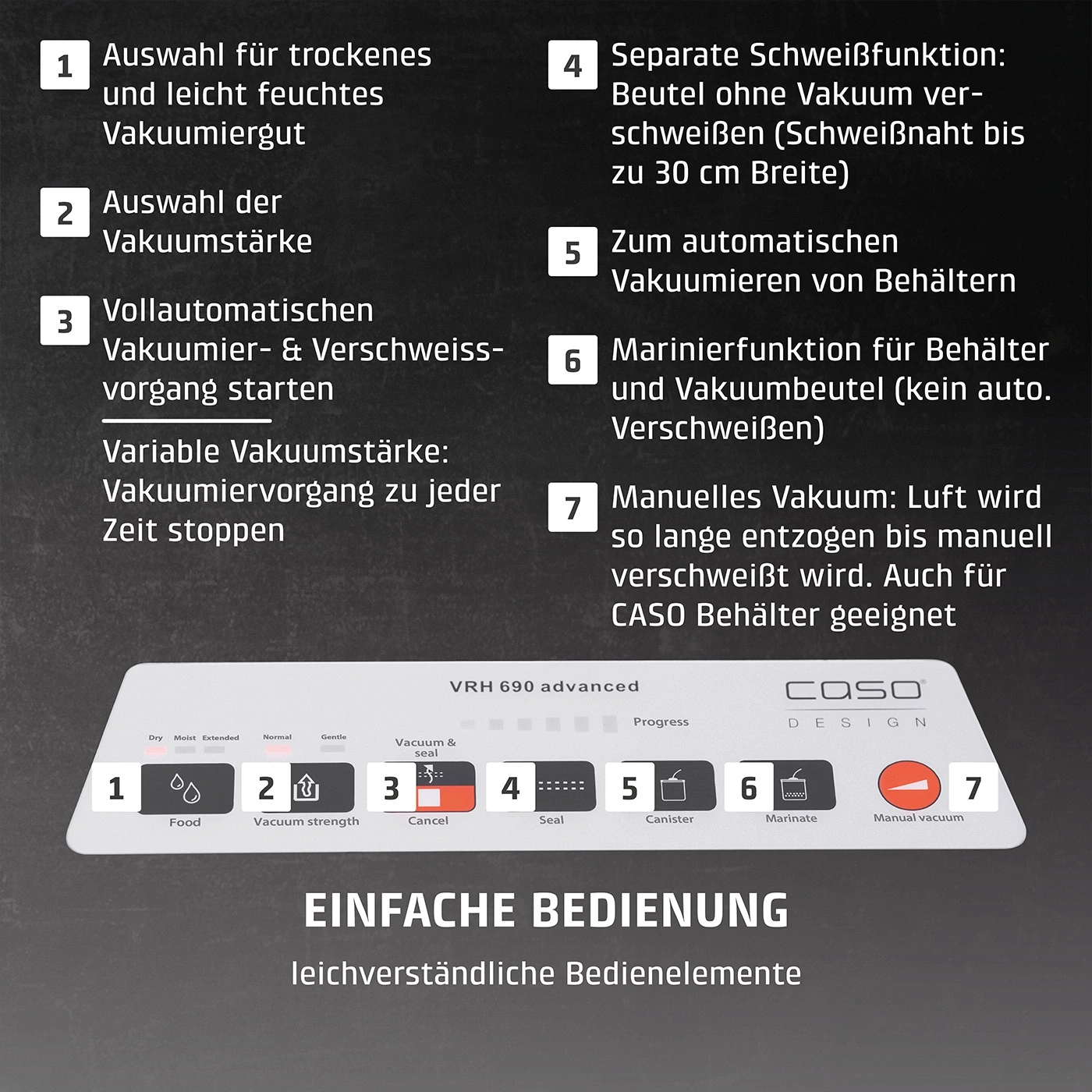 Vakuumiergerät mit Funktionen: Trocken, Vakuumstärke, Automatik, Schweißen, Behälter, Marinieren, Manuell.