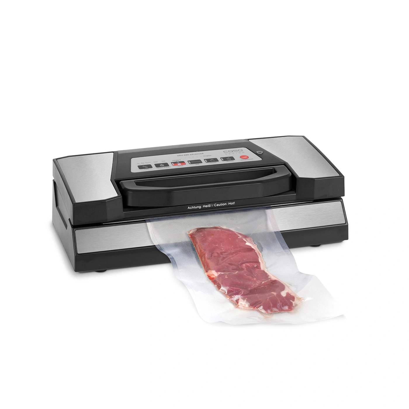 Vakuumiergerät mit Fleisch in einer Tüte. Caso-Gerät. Lebensmittelverpackung.