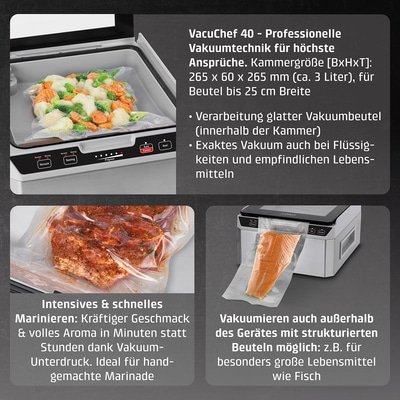 Vakuumiergerät mit Gemüse, Fleisch und Fisch. Professionelle Vakuumtechnik für Lebensmittel.