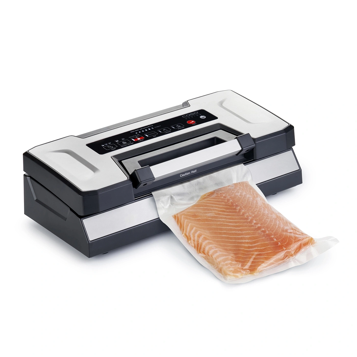 Vakuumiergerät mit Lachs in einer Plastiktüte, bereit zum Versiegeln.