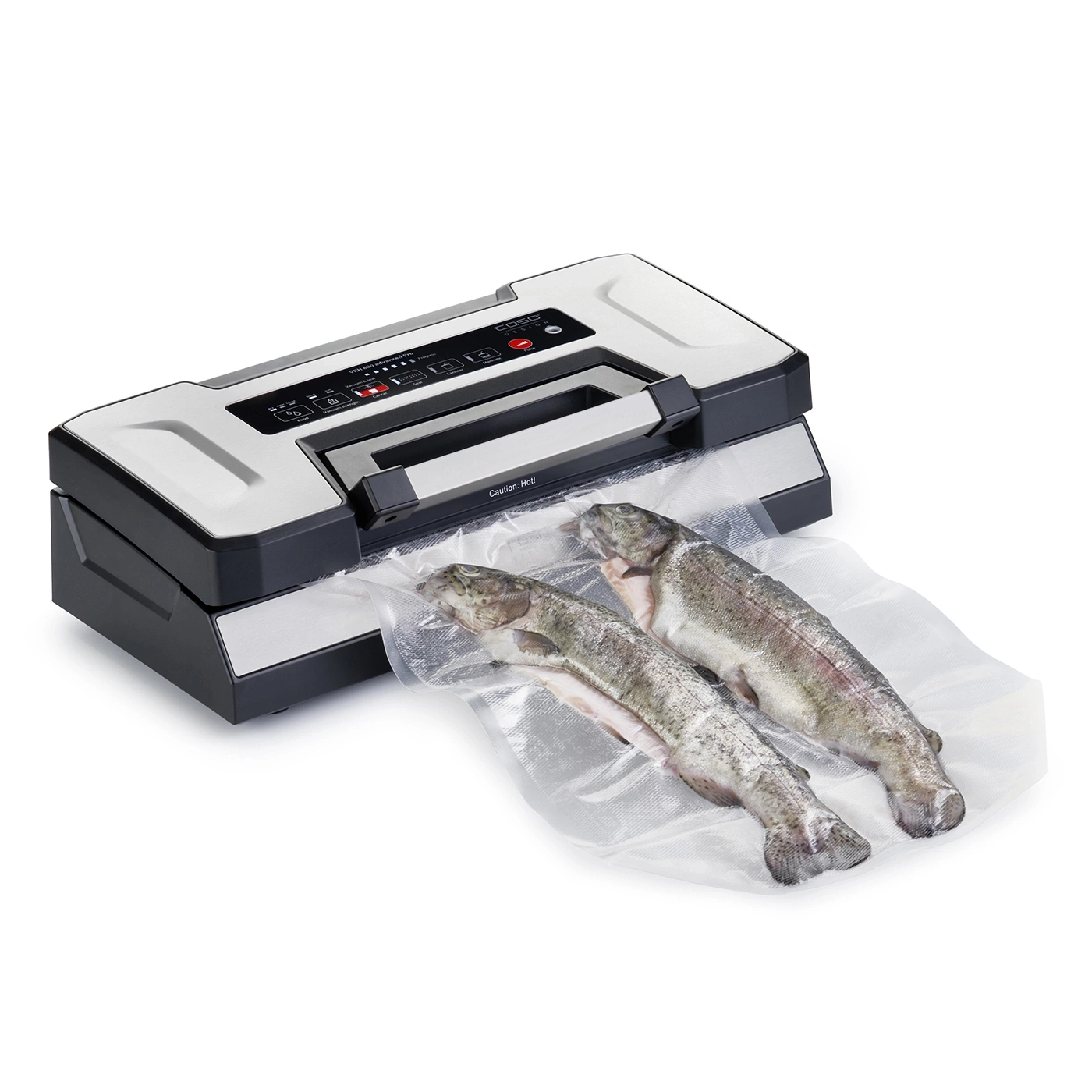 Vakuumiergerät mit zwei Fischen in einer Plastiktüte, bereit zum Vakuumieren.