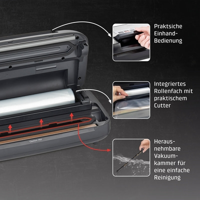 Vakuumiergerät mit praktischer Bedienung, Rollenfach und einfacher Reinigung.