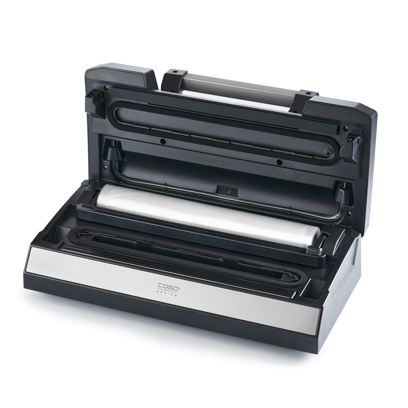 Vakuumiergerät, geöffnet, mit Rolle, schwarz und silber, Caso Design