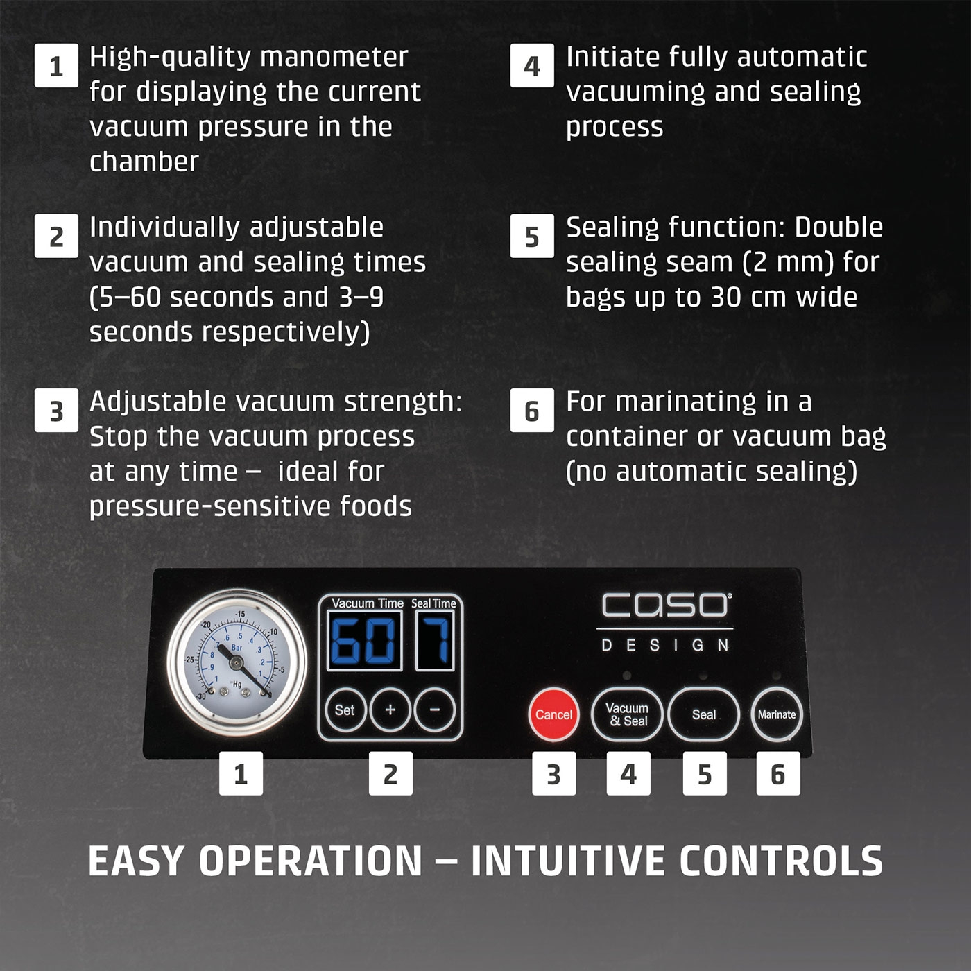 Vakuumiergerät mit Funktionen wie Manometer, einstellbaren Zeiten und Marinierfunktion.