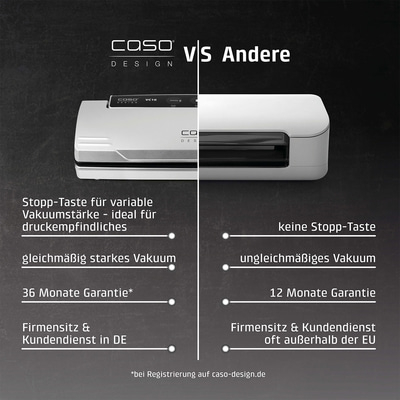 Vergleich Caso Vakuumierer mit anderen: Stopp-Taste, Garantie, Kundendienst.