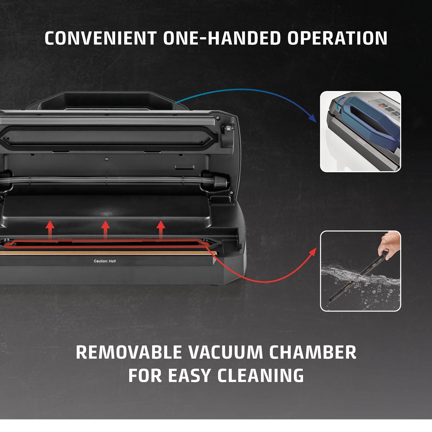 Vakuumiergerät mit praktischer Einhandbedienung und herausnehmbarer Vakuumkammer für einfache Reinigung.