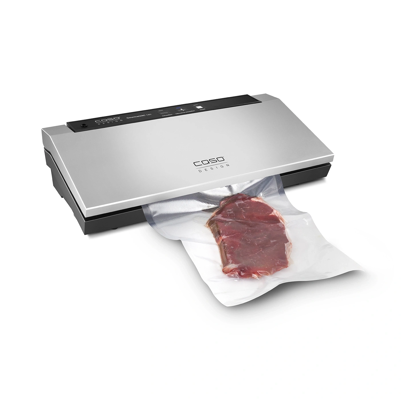 Vakuumiergerät mit Fleisch in einer Tüte, silber und schwarz, Caso Design