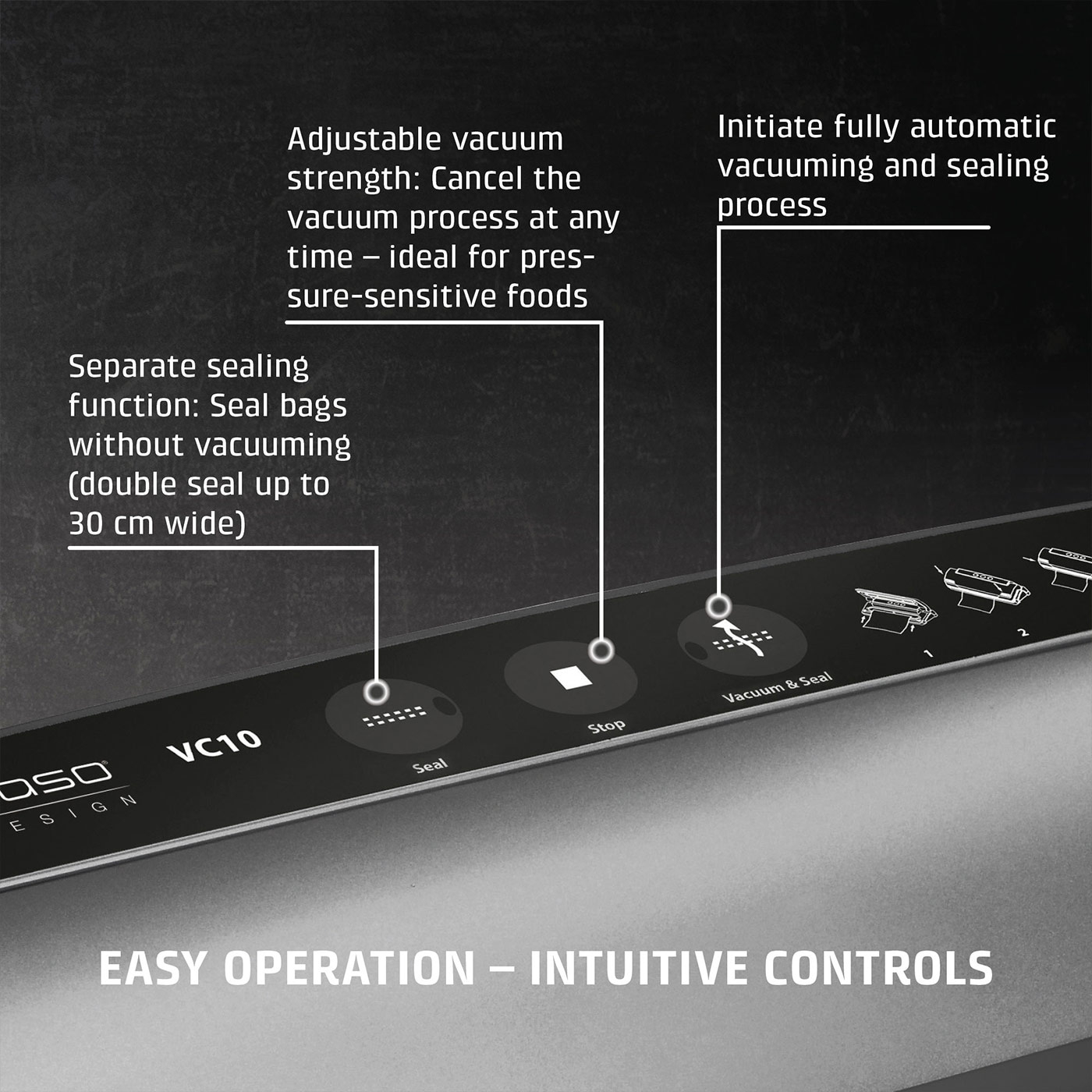 Vakuumiergerät mit Funktionen: Vakuum, Schweißen, Stopp, einfache Bedienung.