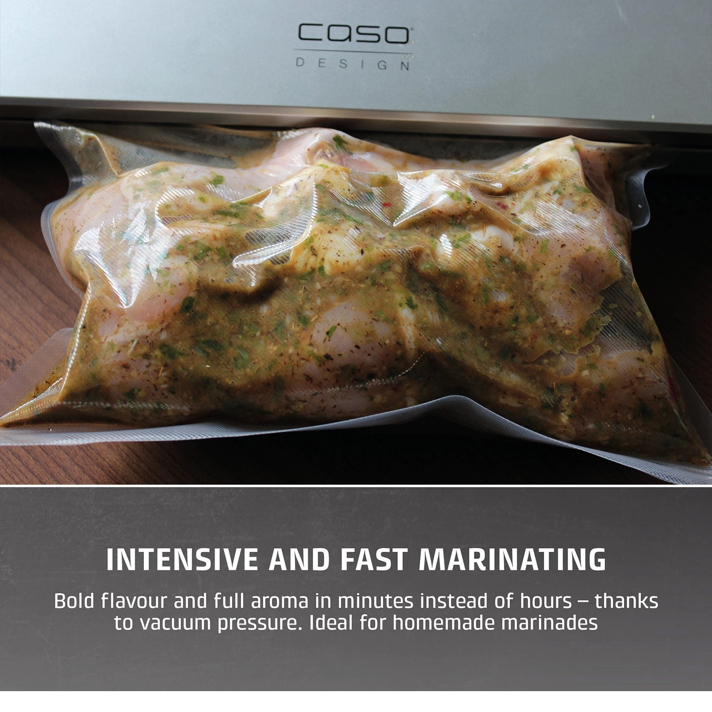Mariniertes Fleisch in Vakuumbeutel, Text: Intensives Marinieren, Aroma in Minuten
