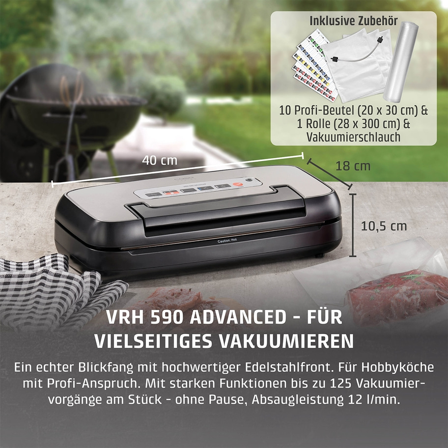 Vakuumiergerät mit Zubehör, Abmessungen, Text, Edelstahlfront, Hobbyköche, Vakuumieren, 12 l/min