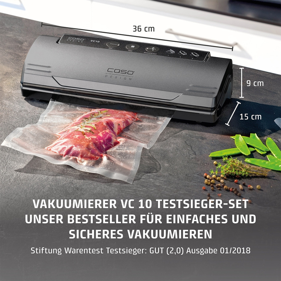 Vakuumierer VC 10, 36 cm lang, 9 cm hoch, 15 cm breit, mit Fleisch und Gemüse.