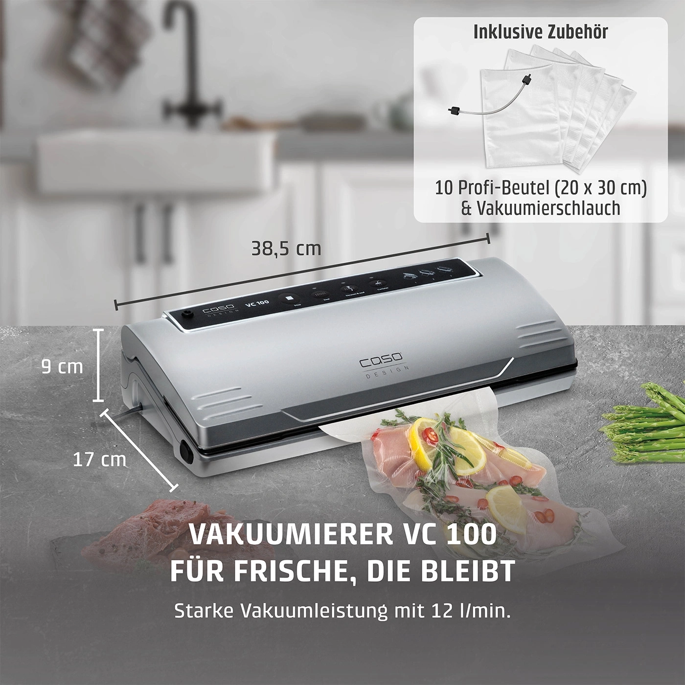 Vakuumierer mit Zubehör, Abmessungen und Text für frische Lebensmittel.