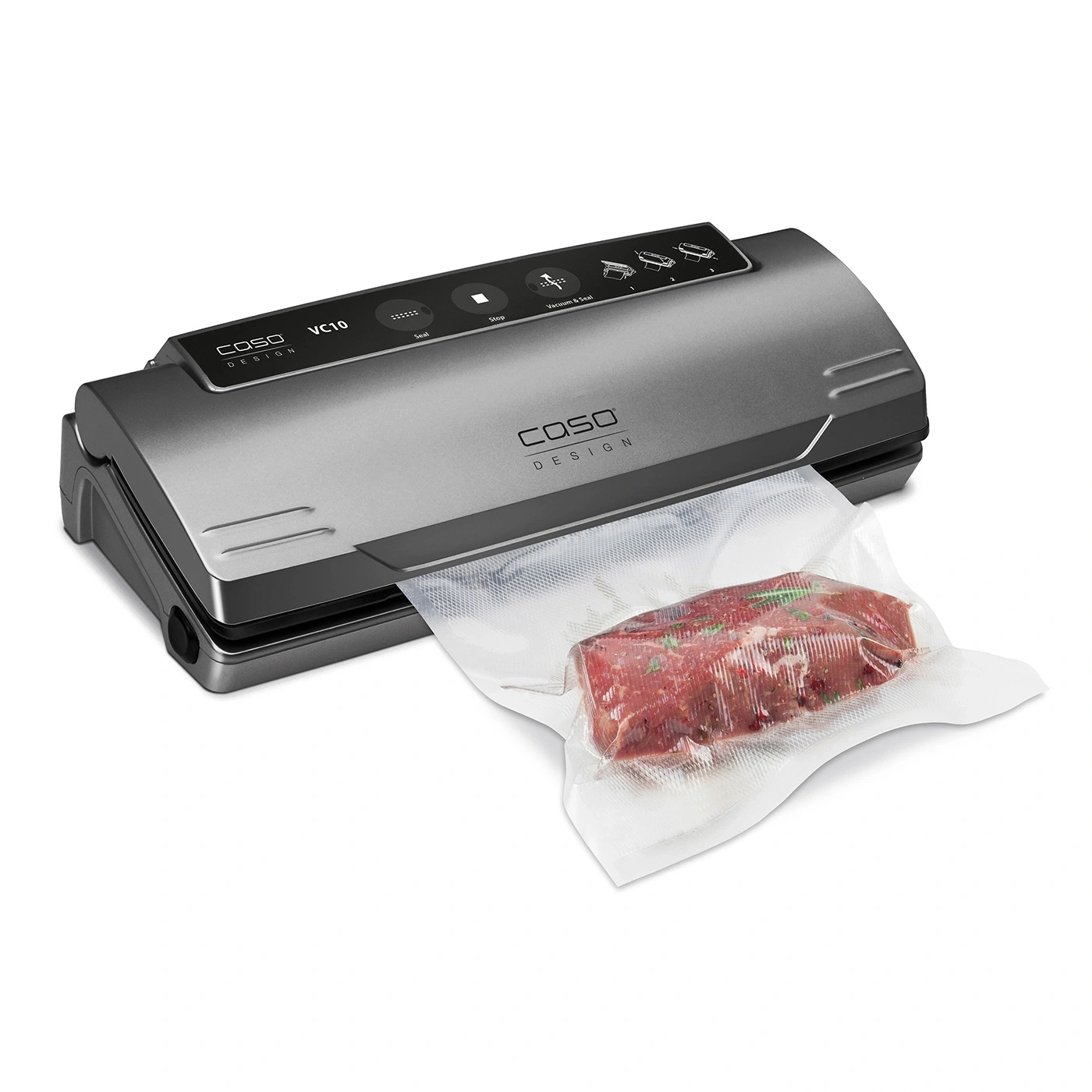 Vakuumiergerät mit Fleisch in einer Plastiktüte, grau, Caso Design VC10